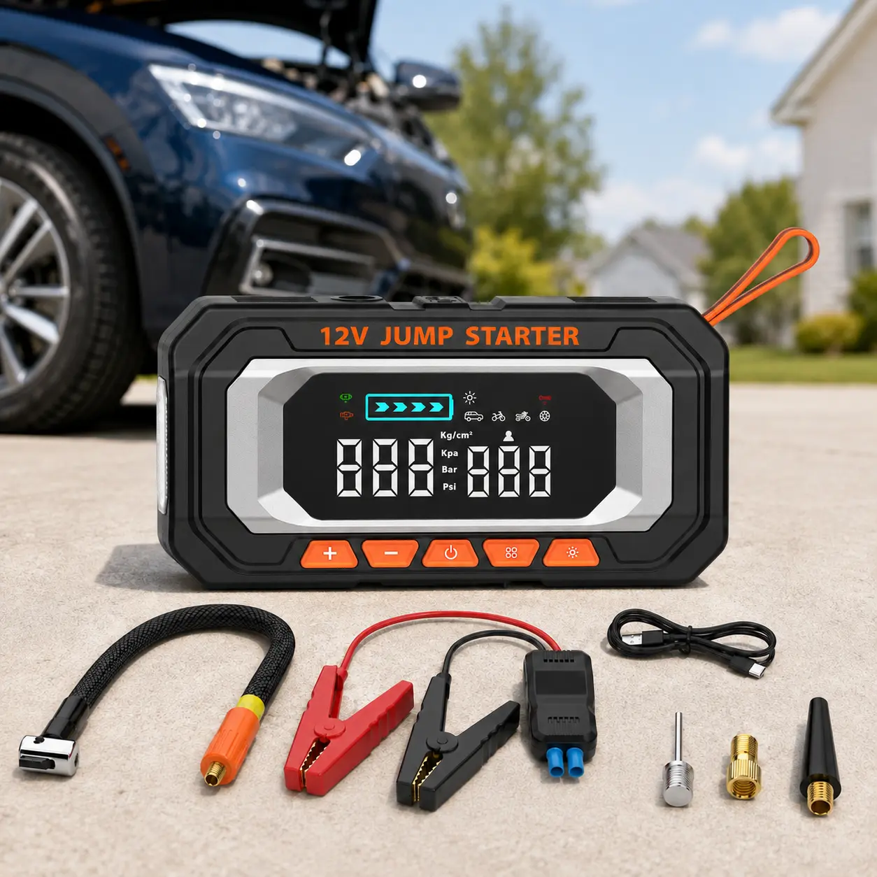 Portable Car Jump Starter with Air Compressor, 3000A Peak 12V Battery Booster, 150 PSI Cordless Tire Inflator with Dual LCD Display, Smart Jumper Cables, LED Emergency Light & USB Power Bank for Cars and SUVs
