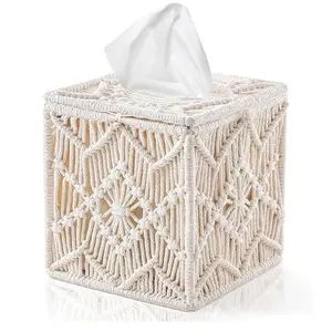 Boho Style Tissue Box Cover, 1 Count Square Woven Macrame Napkin Facial Paper Organizer, Tissues Holder with Bead Buckle, Home Desk Vanity Countertop Decor, Tissue Dispenser