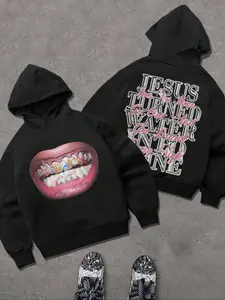 Men's Hooded Sweatshirt, Short Box Fit, Simple Basic Design, Dual-Layer Cap, Religious Saint Cross Mouth Pattern, Graphic Print Hoodie, Casual All-Season Wear