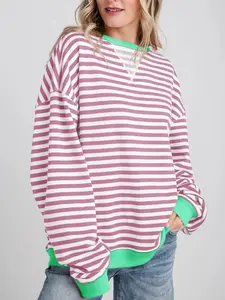 FISOEW Womens Striped Oversized Sweatshirt Color Block Crew Neck Long Sleeve Shirt Casual Loose Pullover Top Y2K Clothes Hoodie denimtearhoodie pink palm zip hoodie graphic zip Leg Baggy Womenswear Cotton Chic Breathable