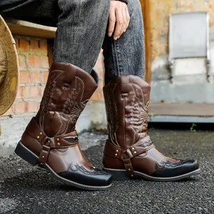 (New)Autumn Men'S Footwear Featuring European And American Vintage Embroidered Motorcycle Boots, Street-Style Western Cowboy Boots, And Oversized High-Top Riding Boots
