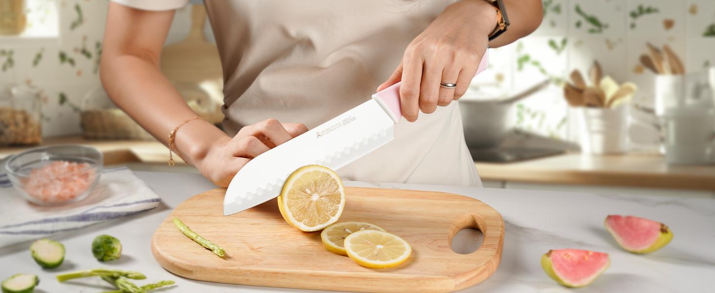 Astercook 14-Piece Professional Kitchen Knife Set – High Carbon Stainless Steel Chef, Bread, Santoku & Steak Knives with Hardwood Block, Ideal Valentine’s Day Gift Pink Wooden