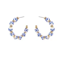 Blue and White Classic Beaded Open Hoop Earring