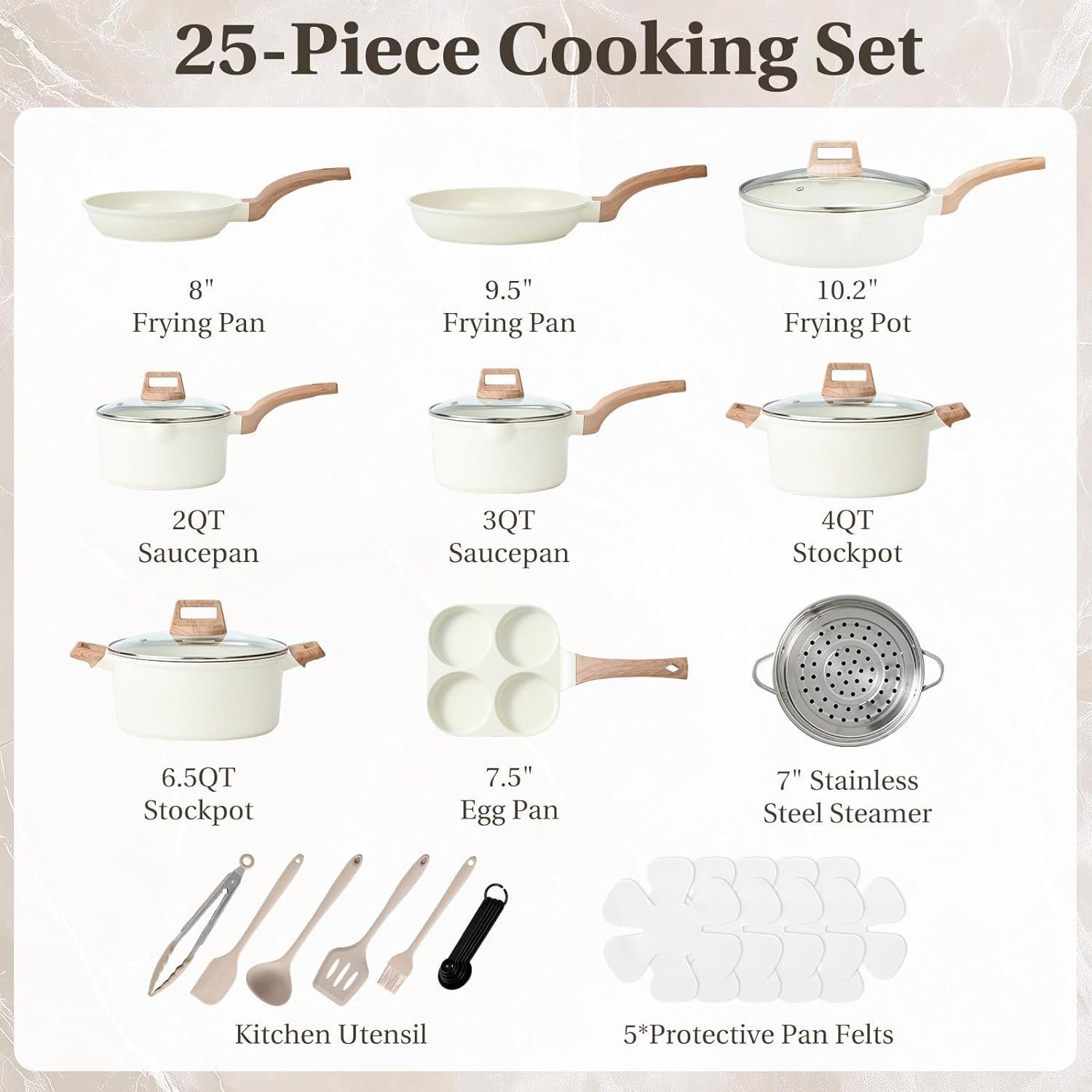 PFOA-Free Nonstick Cookware Set 25-Piece, Die-Cast Aluminum Kitchen Pots and Pans Set with Ceramic Coating, Induction Compatible Cookware Set Includes Frying Pans Saucepans Stockpots Steamer & Utensils PFOA-Free Nonstick Cookware Set 25-Piece, Die-Cast Aluminum Kitchen Pots and Pans Set with Ceramic Coating, Induction Compatible Cookware Set Includes Frying Pans Saucepans Stockpots Steamer & Utensils