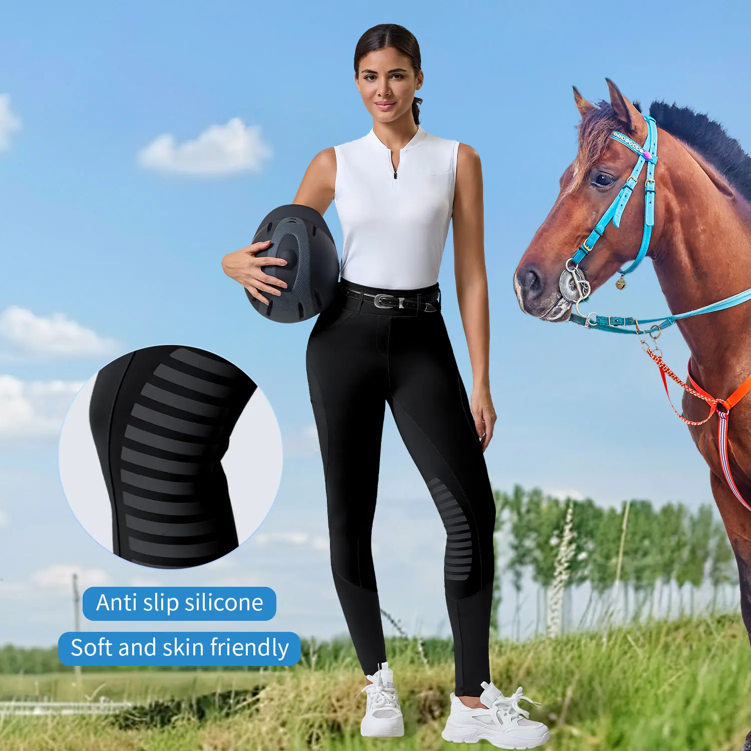 Women's Knee Patch Silicone Equestrian Breeches, High Waist Butt Lifting Horse Riding Pants with Pockets