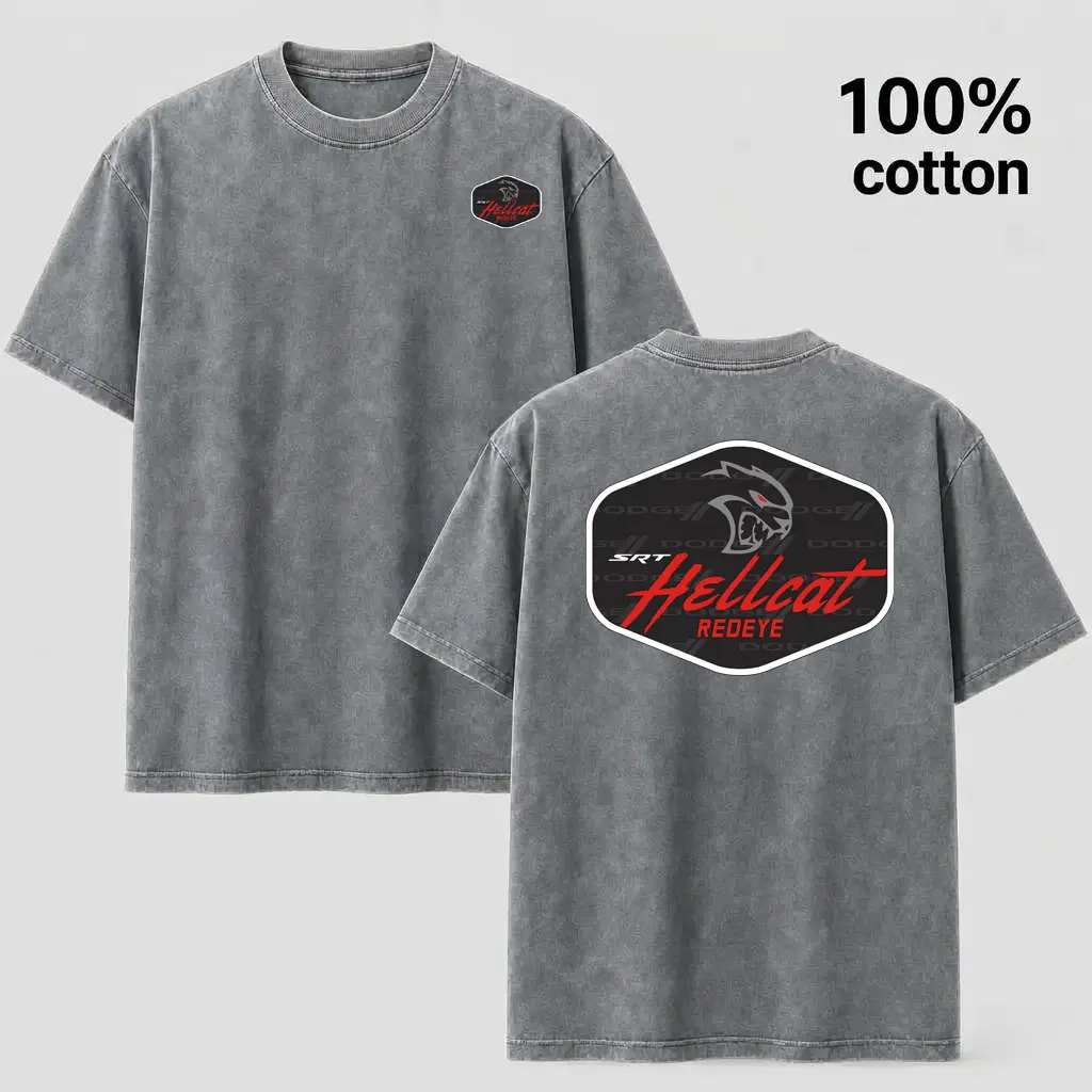 SRT Hellcat Redeye Vintage Wash T-Shirt - Distressed Grey 100% Cotton Muscle Car Graphic Tee