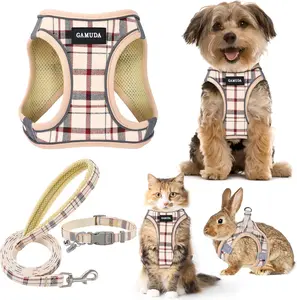 GAMUDA Beige Plaid Dog Harness Collar & Leash Set Soft Mesh Adjustable for Puppies Cats Kitten Rabbit Step-in No Choke No Pull Safety Night Glow Reflective