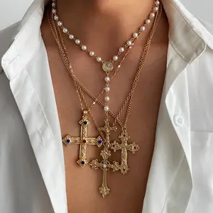 4PCS Gothic Layered Cross Pearl Necklace Set for Women, Alloy with Faux Pearls & Ornate Cross Pendants, Vintage Religious Jewelry for Daily Wear & Party, Birthday Gift for Her Adjustable Heart O-Ring