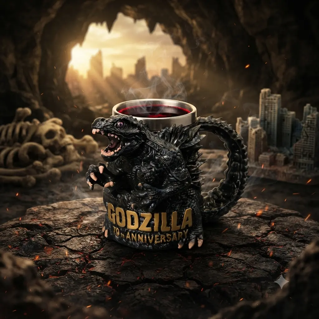 Godzilla 70th Anniversary 3D Embossed Coffee Mug, Limited Edition Gold Kaiju Monster Tankard, Premium Collectible Gift for Movie Fans