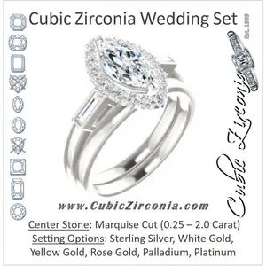 CZ Wedding Set, featuring The Azariah engagement ring (Customizable Cathedral Marquise Cut Design with Halo and Straight Baguettes)