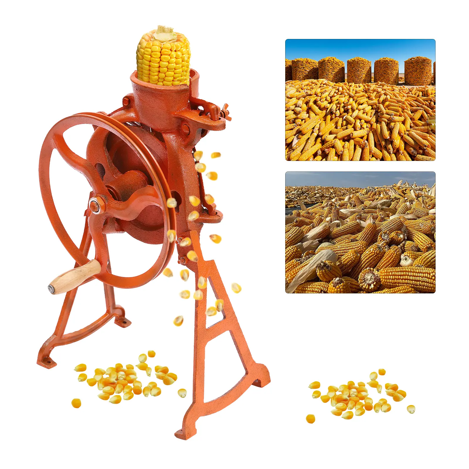 CNCEST Smooth Wood-Metal Pig Iron Hand Crank Sheller Thresher - 10cm Inlet Food Processing Tool with Manual, Motorized Feed for Dry Corn Kernel Removal, Suitable for Household, Commercial Use