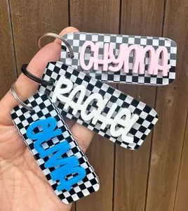 Personalized Checkered Acrylic Keychain with Name – Custom Retro Key Tag – Cute Bag Charm – Gift for Her – Trendy Name Keychain