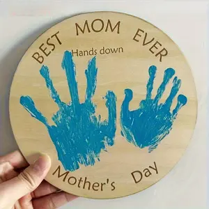 Best Mom Ever Wooden Sign – 1pc Rustic Blue Handprint Art, Boho DIY Home Decor, Mother’s Day Gift for Mom, Everyday Plaque Display