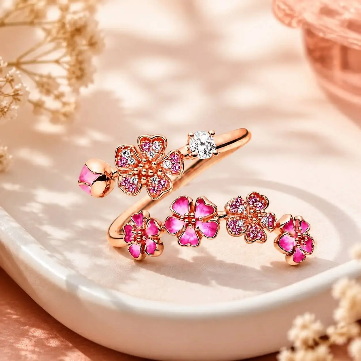 Women's Peach Blossom Flower Rings - Dainty Peach Blossom Design with Cubic Zirconia, Enamel or Pearl, Fashion Jewelry Gifts for Women, Birthday or Mother's Day, Rings For Women