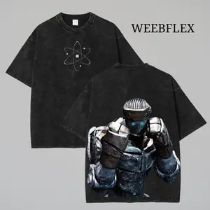 Atom Real Steel Oversized Heavyweight Cotton T-Shirt – Washed Mecha Inspired Streetwear Graphic Tee for Robot Fight Game Fans