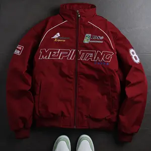 Men's Stylish Aviator Jacket in Warm Chenille Fleece with Racing Prints and a Stand Collar for Casual Streetwear, Menswear