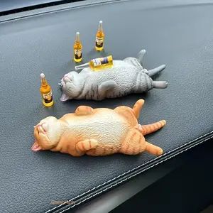 Funny Cute Drunk Little Cat Orange & Gray Cat Sleepy Figurine Car-mounted Potted Plant Garden Pond Fish Tank Creative Desktop Animal Model Solid 3D Statue with No-trace Adhesive for Halloween Christmas