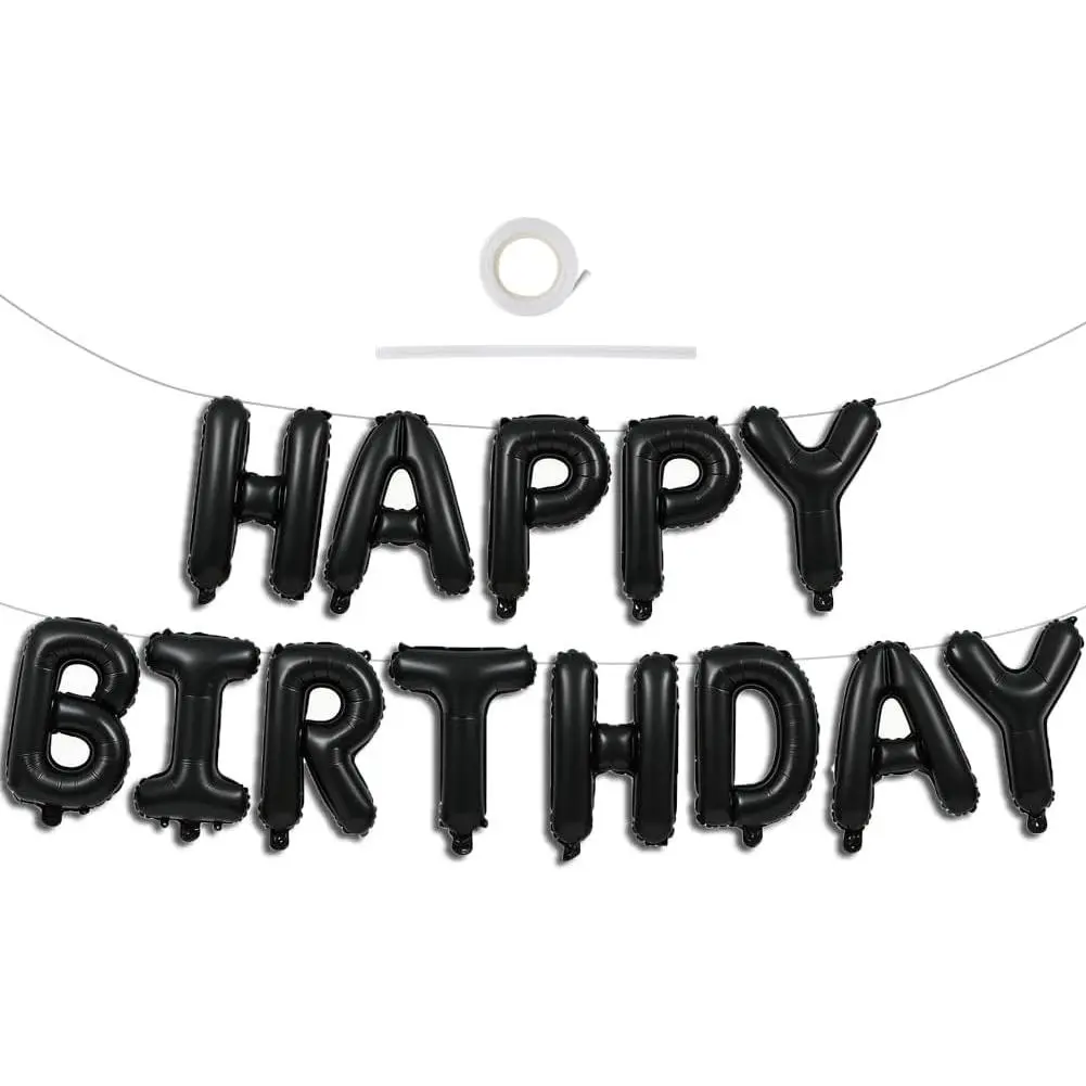 Black Happy Birthday Balloons Banner 16 Inch Mylar Foil Letters Birthday Sign Banner Bunting Reusable for 30th 40th 50th 60th Adults and Halloween Supplies