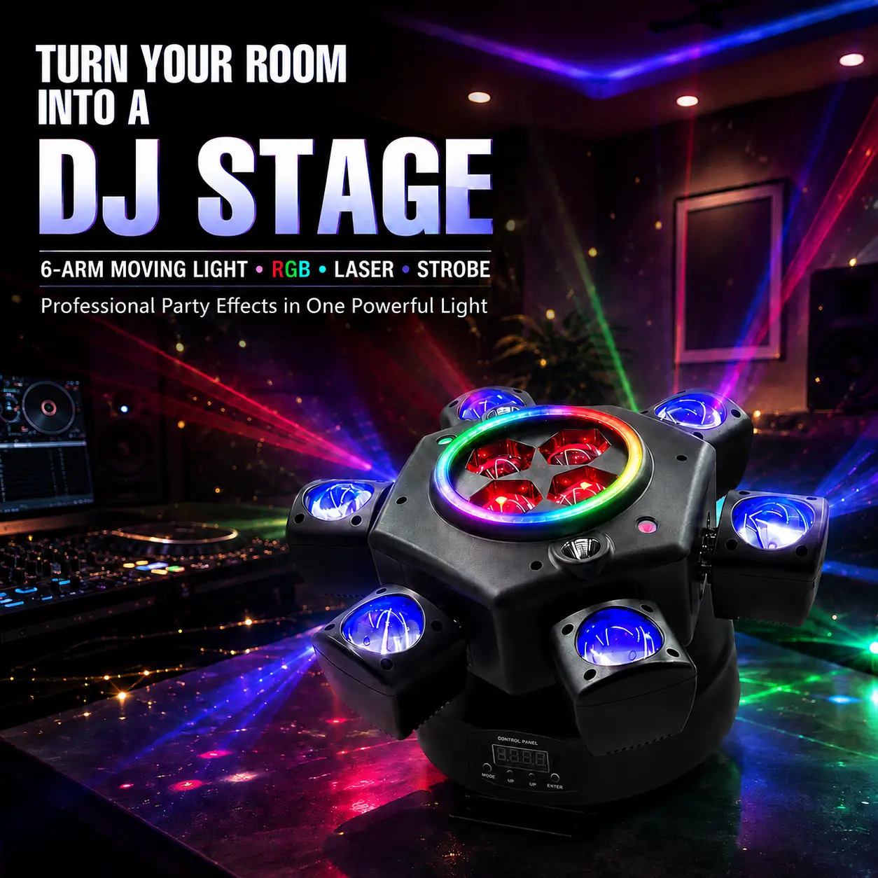 150W 6-Arm Bee-Eye Moving Head DJ disco novelty ball Stage Light    with Remote Control, RGBW color Beams, Red & Green Lasers,  DMX512 and Sound Activated auto Modes for Parties, Weddings, Clubs, Bars, KTV Shows flashback event