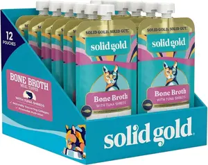 Solid Gold Bone Broth Tuna Meal Topper for Cats - Real Chicken Bone Broth, Premium Shreds, Collagen for Gut Health, Grain-Free Wet Cat Food Topper
