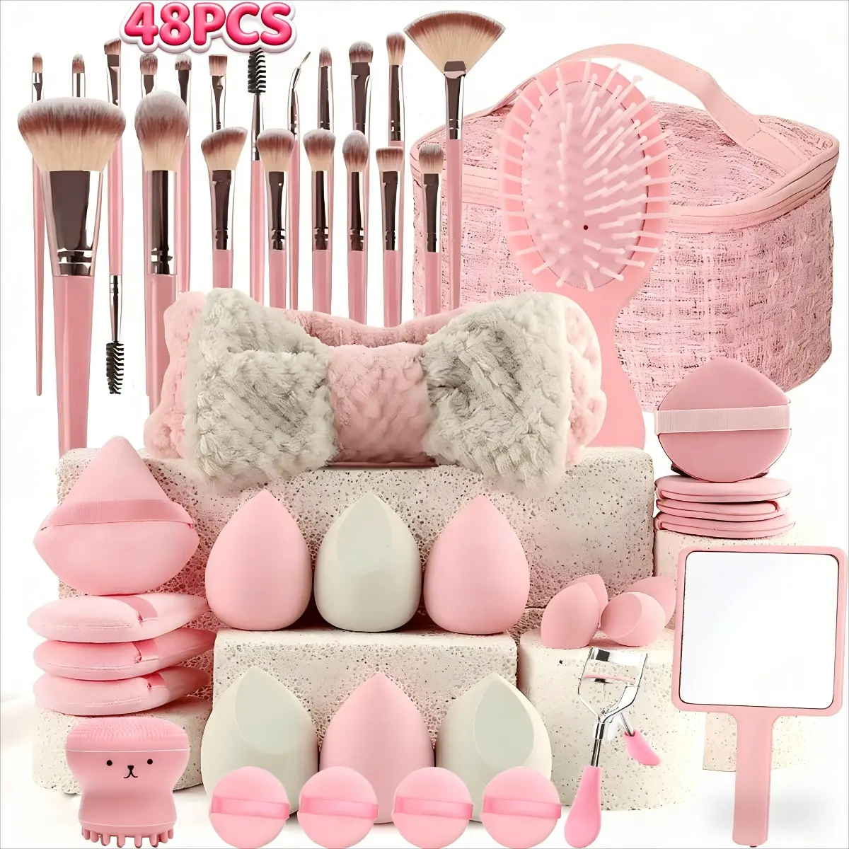 48 or 49Pcs Makeup Brush Set with Bag, Black Rose Gold Makeup Tools Kit, Makeup Brushes, Beauty Sponge, Powder Puff, Eyelash Curler, Brush Cleaning Pad & Tweed Cosmetic Pouch, Makeup Accessories for Women