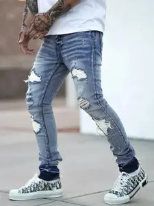Men's all-season American retro Vintage distressed stretch slim fit ripped jeans, Classic, featuring trendy patch design, for ins high-street casual long pants, color-blocked cuffs, a must-have for urban street wear, Streetwear