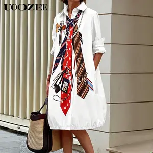 UOOZEE Women's New 2026 Oversized Graphic Tie Print Shirt Dress, White Button-Down Midi Dress with Elastic Hem, Casual Streetwear Office & Everyday Wear, Roll-Up Sleeve, Size Down for Slim Fit