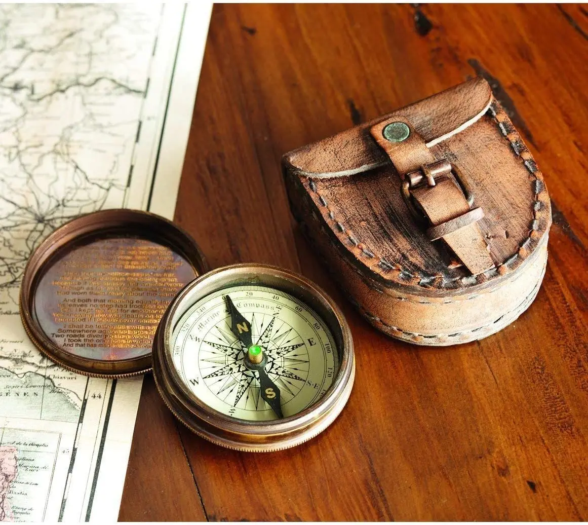 Antiqued Brass Poem Compass with Leather Case Antiqued Brass Poem Compass with Leather Case