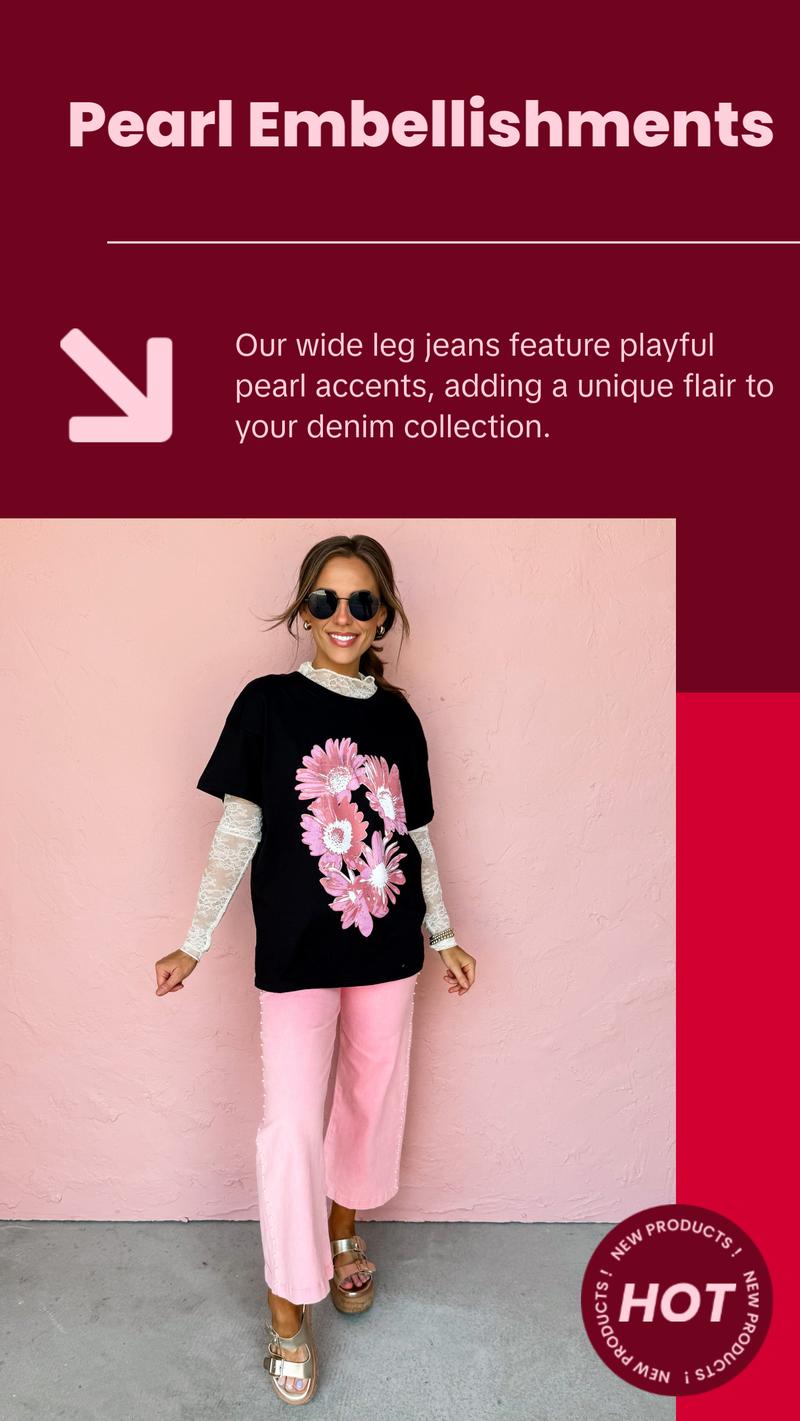 Visiting Italy Pearl Embellished Wide Leg Jeans-Pink