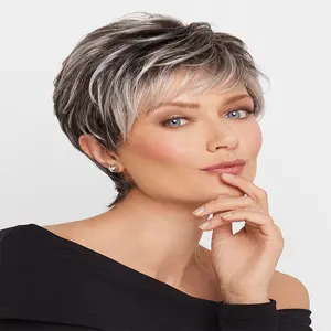 Short Grey Wigs for Women Gray White Pixie Cut Wigs with Dark Root Layered Synthetic Short Hair Wigs Natural Looking Cosplay Party Wig