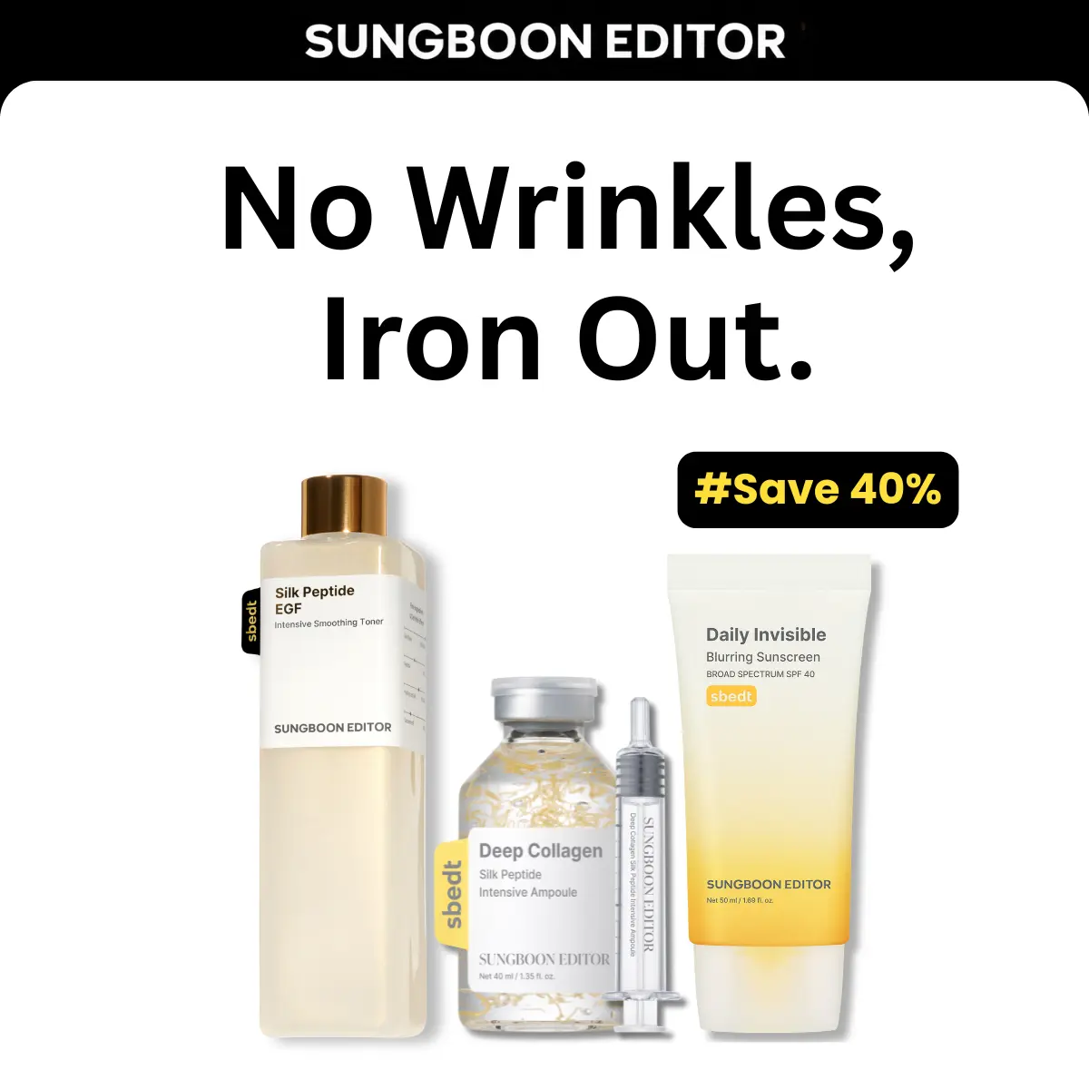 [Sungboon] Iron Out My Skin Set | Silk Lifting Peptide Ampoule, EGF Toner & No Cast Blur-Filter Sunscreen SPF40 | with Peptides, Deep Collagen & EGF | Skin Texture Refining, Smoothing, Wrinkle Care