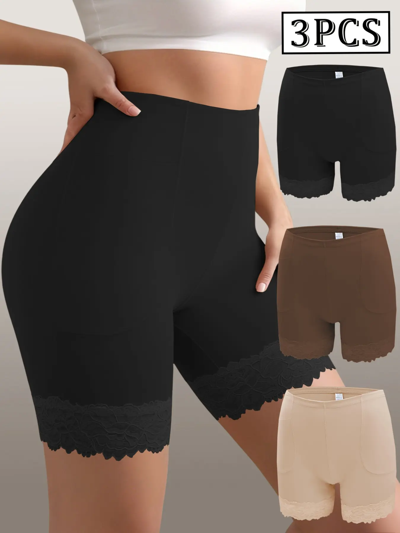 3 Pack Multi Color High Waist Lace Hem Shaping Shorts With Pockets, Tummy Control Butt Lifting Anti-Chafing High Stretch Fabric, Snug Fit No Pinching No Rolling Edge, Fit For Home Sports Commute Daily Occasions, Shapewear Underwear, High Waisted Girdles
