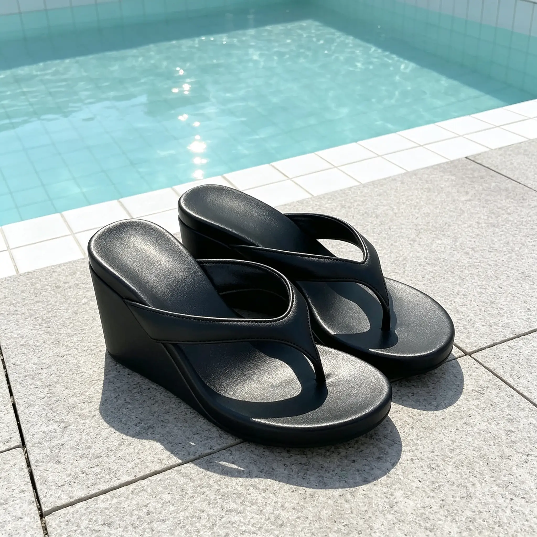 Black wedge flip-flops with a thick sole for comfort