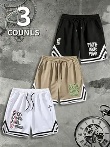 3-Pack Plus Size Men's Street Basketball Athletic Wear Shorts, Graphic Print Drawstring Waist, Loose-Fit Sporty Five-Quarter Pants, Casual Trendy Style, Athletic Shorts Set