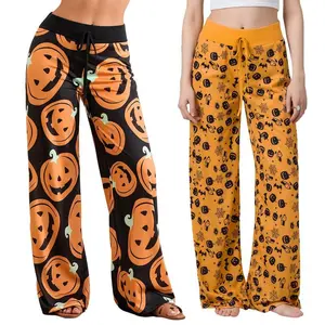 HalloweenPumpkinPajamaPantsforWomenPjsBottomsDrawstringWideLegJoggerLoungeYogaSweatPants