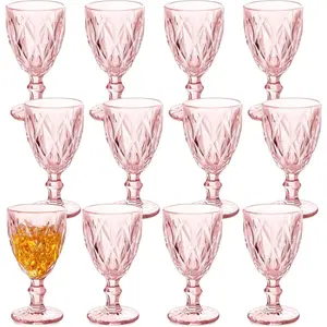 12 Pack Glass Goblet Vintage Wine Goblet Embossed Glassware 10 oz Solid Color Glass Goblet for Iced Tea Beverage Stemmed Cups Soda Juice Water Liquor and Party Wedding Bars Restaurants (Pink)
