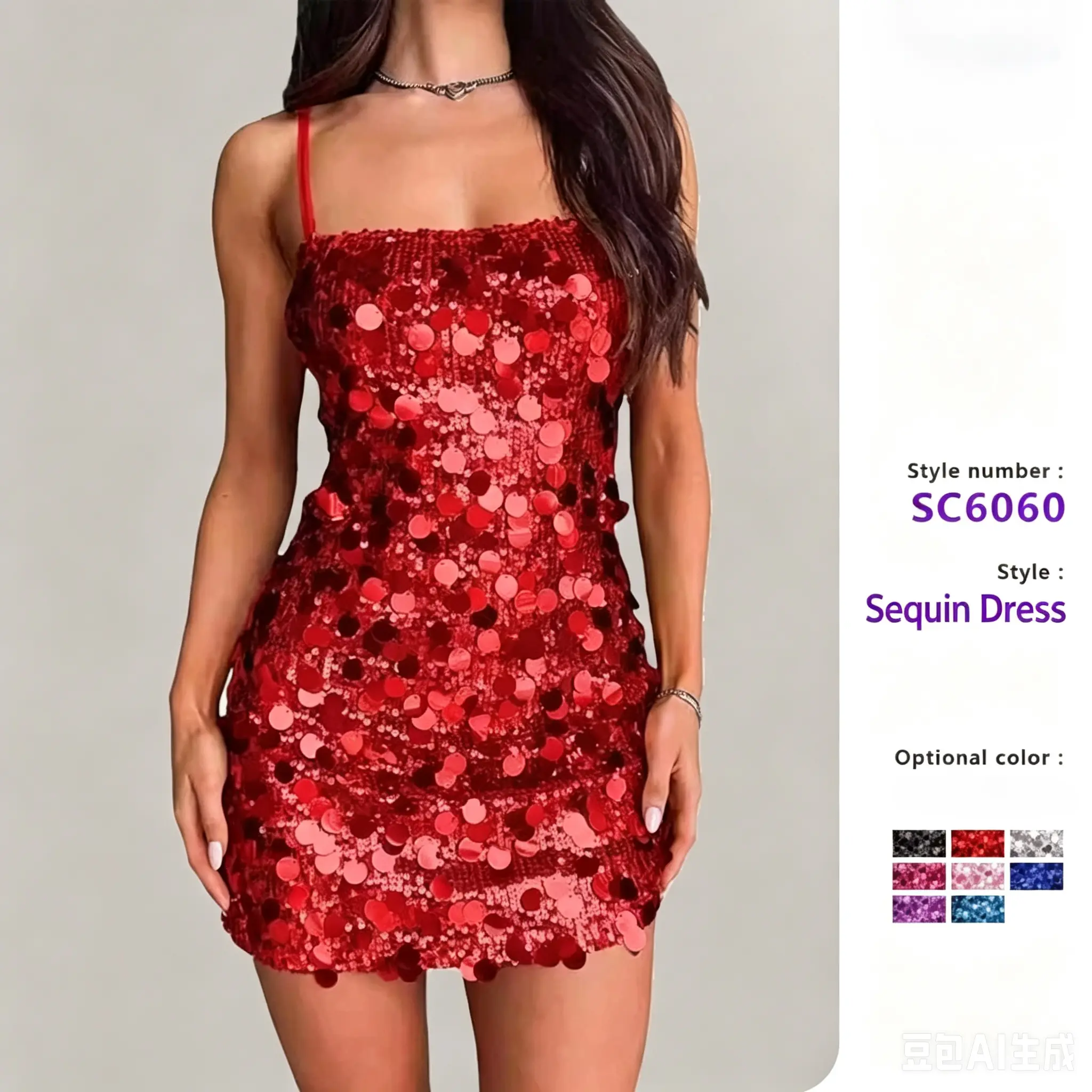 Women's Formal Shimmer Spaghetti Strap Soft Stretch Knit Square Neck Sequin Mini Dress - All-Over Large Round Sequins, Open Back, Slim-Fits Curve-Friendly, Ideal for Graduation, Prom, Fabric, Straight, Matching, Adjustable, Lightweight