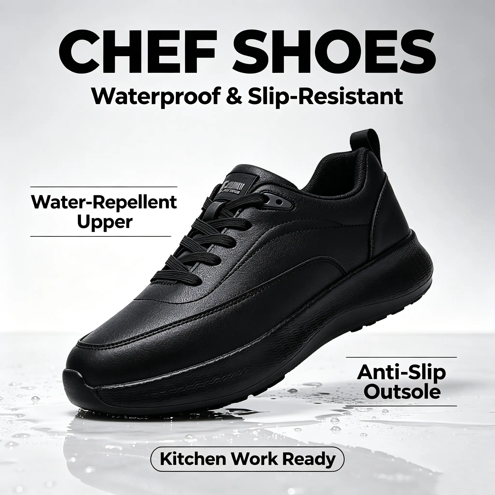 Black men's non slip chef shoes, walking shoes, waterproof, non slip, anti fouling, lightweight and comfortable, dirt resistant, suitable for running, commuting to work, multiple sizes to choose from