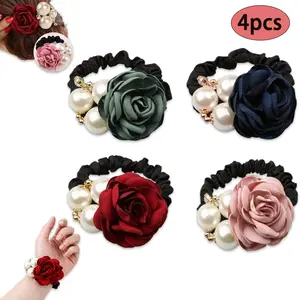 4Pcs Fashion Pearl Hair Rope, Fashion Rose Flower Rhinestone Headband with Pearl and Elastic Band, Rose Flower Rhinestone Hair Ties/ Jewelry Rubber Band, Handmade Rose Flower Stretchy Rubber Elastics Hair Ties Ropes, Hair Bands Ornaments Gift Set Strand