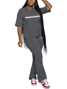 Letter Print Women's Casual Spring & Fall 2-Piece Set, Short Sleeve Top with Flared Pants, Fashionable and Comfortable Sportswear for Everyday Use, Athletic Fashion Activewear, Athleisure Wear Set