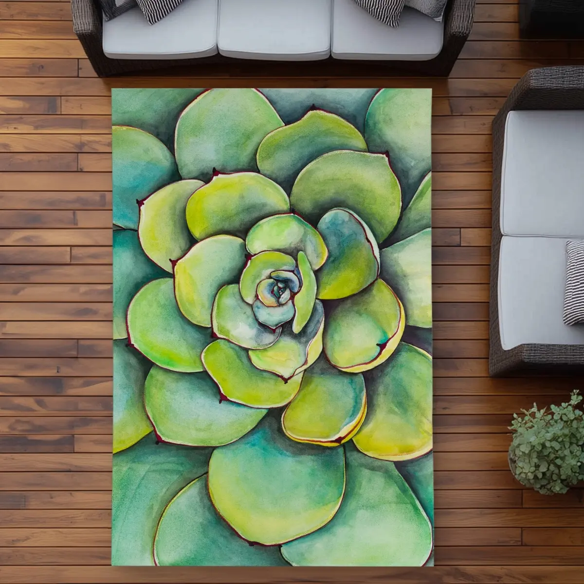 360 stand 5x7 ft. Rectangle Watercolor Succulent Plant Rug - Green, Indoor Outdoor Rugs, Easy Clean, Home/Patio Use, Home Office Decor, Plant-Themed Area Rugs
