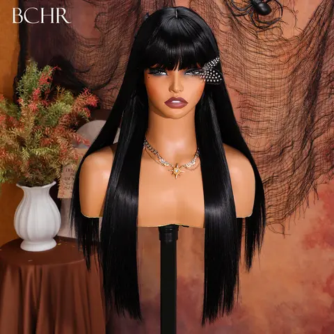 BCHR Long Straight Black Wig with Bangs – 26 Inch Sleek Synthetic Wig for Women, Full Fringe Hairpiece for Halloween Cosplay, Costume Parties & Daily Wear