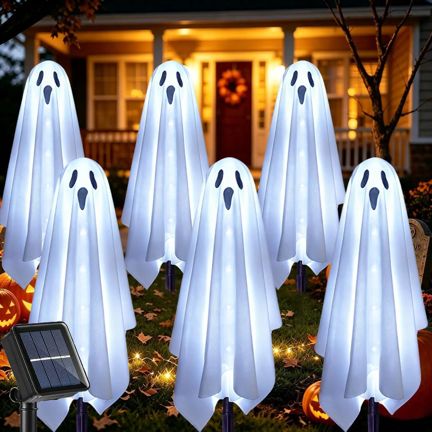 Solar Ghost Lights for Outdoor Halloween Decoration, Set of 6 Scary Spooky Pathway Lights for Trick or Treat Outside Garden Grave Lawn Porch Yard Halloween Party Decor, Cool White