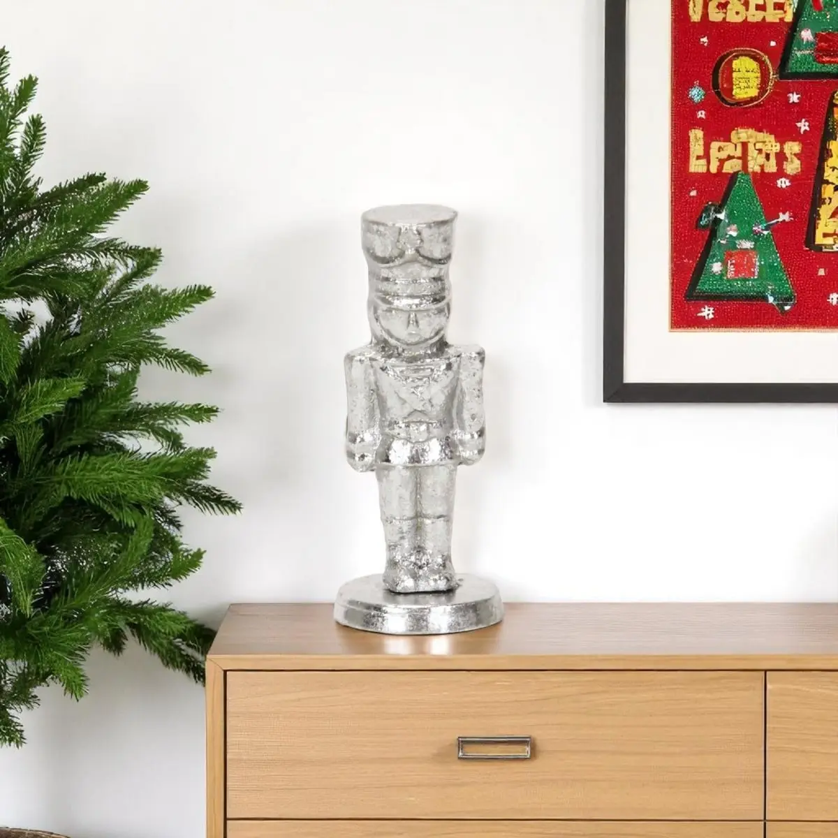 6 in. Silver Cast Iron Christmas Nutcracker Figurine Set with 360 Stand - Hand-Painted Sculpture, Modern Festive Decoration, Holiday Gift for Tabletop Room Decor, Distressed, Mother's Day