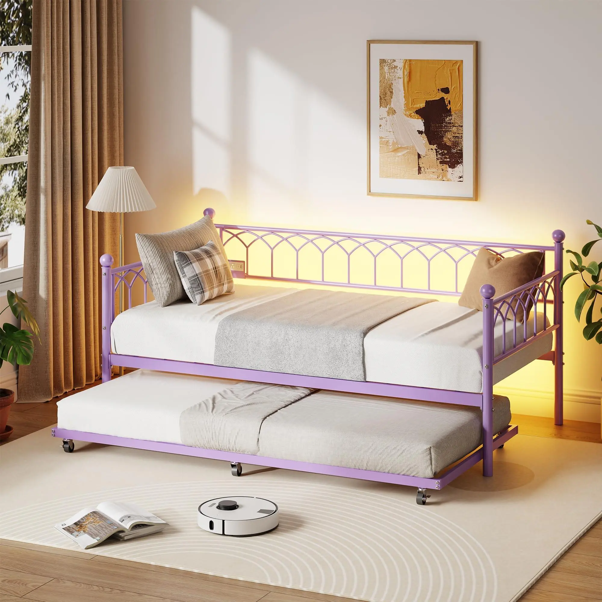 Purple Twin-Size 2-in-1 Daybed with Pull-Out Bed, Charging Station, Color Changing LED Lights, Heavy-Duty Metal Frame - Assembly Required Single Furniture Unit for Small Spaces, Home Office
