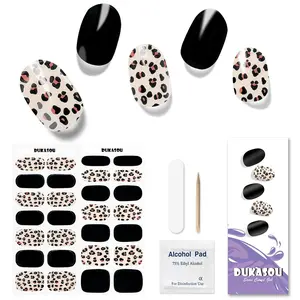 Semi Cured Gel Nail Strips, 28pcs Real Nail Polish Art Stickers Wraps Need UV Light,Sticker Decal includes Prep Pads, Nail File & Wood Stick, Sticker Nails for Women Girls Kids DIY（Black)