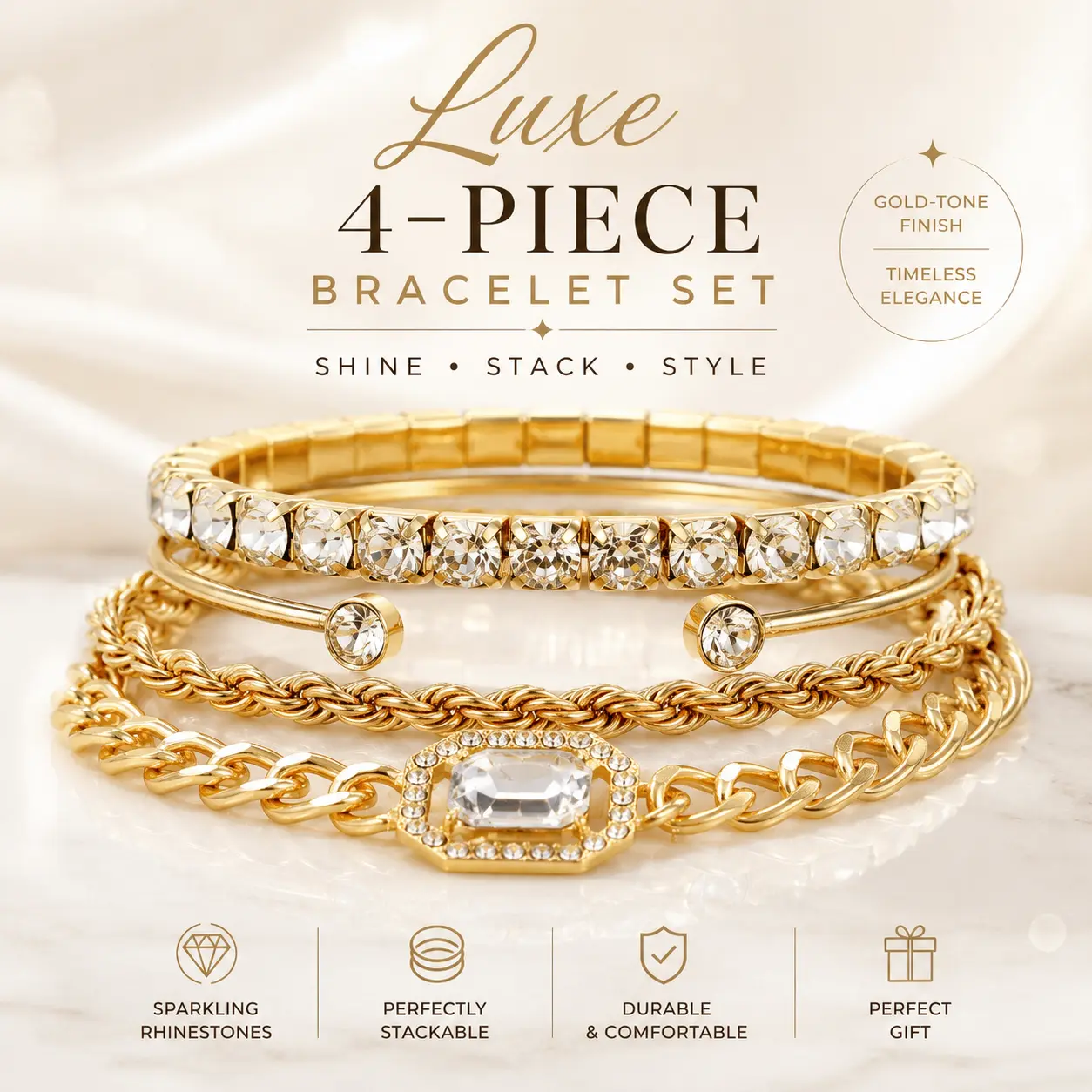 4-Piece Gold-Tone Bracelet Set for Women, Sparkling Crystal-Look Tennis Bracelet, Open Cuff Bangle, Rope Chain and Statement Stone Link Bracelet, Stackable Fashion Jewelry for Party, Date Night, Birthday & Gift