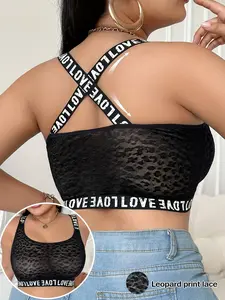 Plus Size Leopard Lace Lingerie Set 1xl-5xl, Sporty & Daily Wear Bralette with Cross Back Letter Straps, Full Coverage Unlined Top