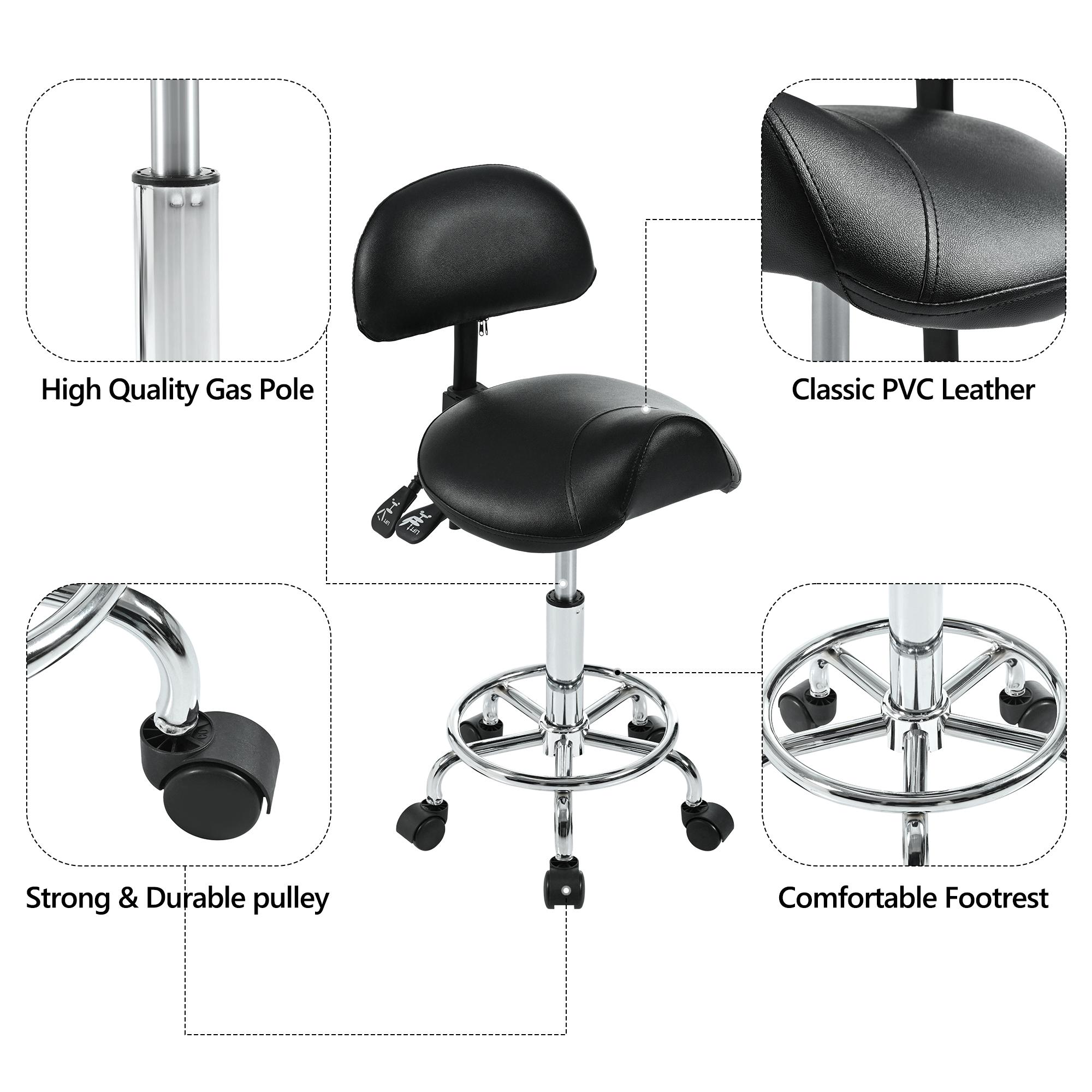 Saddle Stool with Back Support, Rolling Stools with Foot Rest, Ergonomic Adjustable Stool with Wheels, Backrest Adjustable Height & Angle for Salon Spa Tattoo Massage Swivel Stool Chair