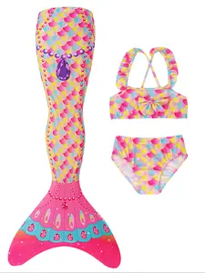 Three-piece Set Girls Mermaid Bikini Set with Cross Back Straps, Swim Top & Swim Panty & Mermaid Skirt Bottom, Colorful Summer for Girls Swimsuit Set